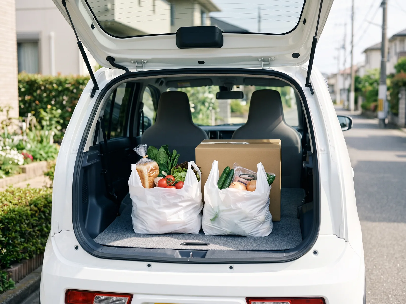 軽自動車の荷室に、買い物の袋と段ボール箱を積んだ様子