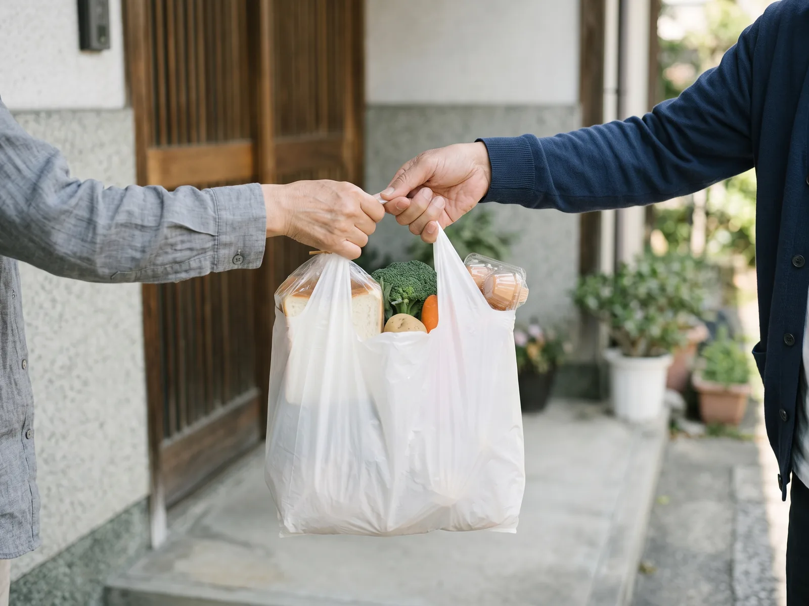 玄関先で、買い物の入った袋を受け取っている様子